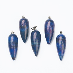 Lapis Lazuli Lapis-lazuli naturelles ont fait pendentifs, avec les accessoires en laiton de platine, balle, teint, 32~33x12mm, Trou: 2.5x6mm