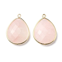 Rose Quartz Faceted Natural Rose Quartz Pendants, with Light Gold Plated Brass Edge and Loop, Teardrop, 28.5~29.5x19~20x7mm, Hole: 1.2mm