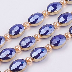 Royal Blue Opaque Glass Beads Strands, with Brass Findings, Pearl Luster Plated, Faceted, Oval, Golden, Royal Blue, 12x16x7.5mm, Hole: 1mm, about 10pcs/strand, 8.2 inch (21cm)