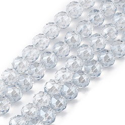 Light Steel Blue Transparent Electroplate Glass Beads Strands, Faceted, Round, Pearl Luster Plated, Light Steel Blue, 9~10x9~9.5mm, Hole: 1.4mm, about 54~60pcs/strand, 18.90~21.65 inch(48~55cm)