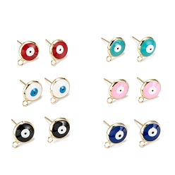 Mixed Color Eco-Friendly Brass Enamel Stud Earring Findings, with Loops, Real 18K Gold Plated, Flat Round with Eviel Eye, Mixed Color, 13x10mm, Hole: 1.8mm, Pin: 0.7mm
