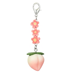 Peach Fruit Resin Pendant Decoration, Zinc Alloy Lobster Claw Clasps and Flower Polymer Clay Beads Charm, Peach, 77mm