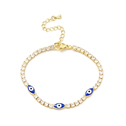 Medium Blue Enamel Horse Eye Link Bracelet with Clear Cubic Zirconia Tennis Chains, Gold Plated Brass Jewelry for Women, Cadmium Free & Lead Free, Medium Blue, 7 inch(17.7cm)