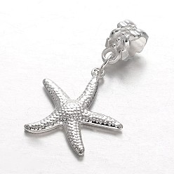 Silver Alloy European Dangle Charms, Large Hole Starfish/Sea Stars Beads, Silver Color Plated, 35mm, Hole: 5mm