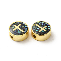 Black Rack Plating Brass Enamel Beads, with Shell Chips, Long-lasting Plated, Cadmium Free & Lead Free,Flat Round with Cross, Golden, Black, 11x4.5mm, Hole: 1.8mm