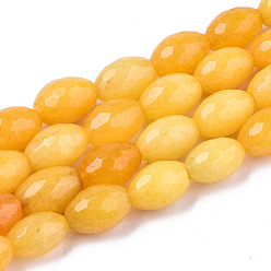 Gold Natural White Jade Beads Strands, Dyed, Faceted, Rice, Gold, 9.5x6.5mm, Hole: 1mm, about 42~43pcs/strand, 15.55 inch~15.75 inch(39.5cm~40cm)