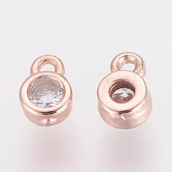 Rose Gold Brass Cubic Zirconia Charms, Flat Round, Rose Gold, 6x4x2mm, Hole: 1mm
