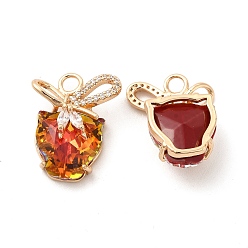 Padparadscha Brass with K9 Glass Pendants,  Golden Cat with Bowknot Charms, Padparadscha, 19.5x16x9mm, Hole: 2.5mm