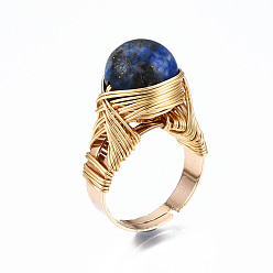 Lapis Lazuli Adjustable Gemstone Round Finger Rings, with Brass Findings, US Size 7 1/4(17.5mm)