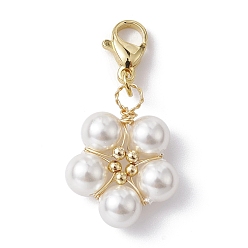 Golden Copper Wire Shell Pearl Pendant Decorations, with 304 Stainless Steel Clasp, Flower, Golden, 32mm