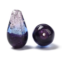 Pourpre Perles en verre de feuille d'argent faites à la main , lumineux, brillent dans le noir, larme, pourpre, 20~21x12mm, Trou: 1.2mm