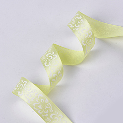 Green Yellow Single Face Satin Ribbon, Polyester Ribbon, Flower Pattern, Green Yellow, 1 inch(25mm), about 50yards/roll(45.72m/roll)