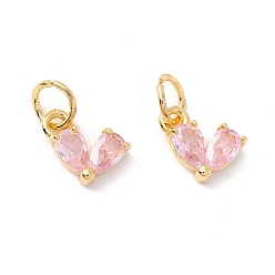 Pink Rack Plating Brass Cubic Zirconia Charms, with Jump Ring, Cadmium Free & Lead Free, Real 18K Gold Plated, Heart, Pink, 8x7x3mm, Jump Ring: 5x1mm,  3.5mm Inner Diameter
