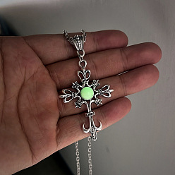 Green Luminous Glow In The Dark Glass Cross Pendant Necklace, Alloy Jewelry, Green, 19.69 inch(50cm)