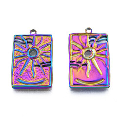 Rainbow Color Ion Plating(IP) 304 Stainless Steel Pendants, Rectangle with Sun, Rainbow Color, 30x18.5x3mm, Hole: 2mm