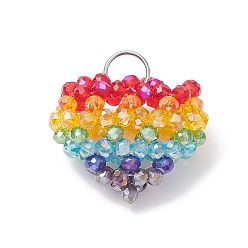 Coloré Pendentifs coeur en perles de verre, avec des apprêts enroulés de fil d'acier inoxydable, colorées, 34x34x18.5mm, Trou: 8mm
