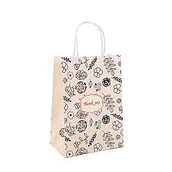 Blanc Antique Sacs en papier kraft, avec une poignée, sacs-cadeaux, sacs à provisions, rectangle avec motif de fleurs, blanc antique, 15x8x21 cm