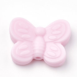 Pink Perlas focales de silicona ecológicas de grado alimenticio, masticar cuentas para mordedores, diy collares de enfermería haciendo, mariposa, rosa, 20x25x6 mm, agujero: 2 mm