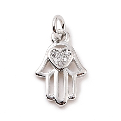 Platinum Brass Micro Pave Cubic Zirconia Palm Charms, with Jump Ring, Hamsa Hand with Heart Charm, Platinum, 14x9x2mm, Hole: 2.8mm