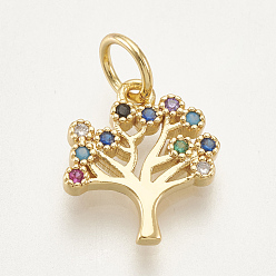 Golden Brass Micro Pave Cubic Zirconia Charms, Tree, Colorful, Golden, 11x10.5x1.5mm, Hole: 3mm
