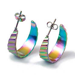 Rainbow Color Placage ionique (ip) 304 boucles d'oreilles rondes en acier inoxydable, boucles d'oreilles demi-créoles pour femmes, couleur arc en ciel, 22.5x7.5x22.5mm, pin: 0.7 mm