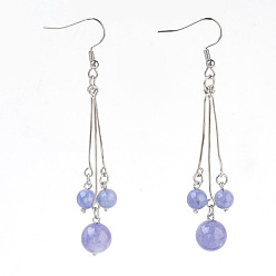 Aquamarine Natural Aquamarine Dangle Earrings, with 304 Stainless Steel Earring Hooks and Iron Eye Pins, Round, 77~78mm, Pendant: 57~58mm, Pin: 0.6mm