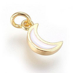 Golden Enamel Brass Charms, with Jump Ring, Moon, White, Golden, 10x6x2mm, Hole: 3mm