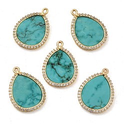 Natural Turquoise Natural Turquoise Dyed Pendants, Teardrop Charms with Rack Plating Gloden Tone Brass Micro Pave Clear Cubic Zirconia Findings, 20.5x15x2mm, Hole: 1mm