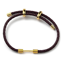 Coconut Brown Brass Column Bar Link Bracelet with Leather Cords, Adjustable Bracelet for Women, Coconut Brown, Inner Diameter: 5/8~3 inch(1.6~7.5cm)