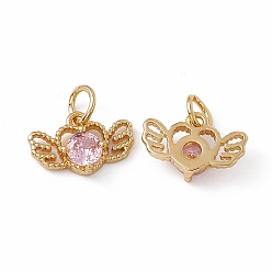 Lavender Blush Rack Plating Brass Cubic Zirconia Charms, Heart with Wing Charm, with Jump Ring, Long-Lasting Plated, Real 18K Gold Plated, Lead Free & Cadmium Free, Lavender Blush, 8.5x13.5x3.5mm, Hole: 3.2mm