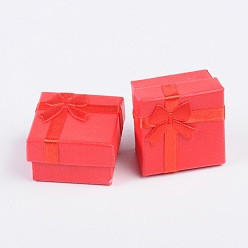 Red Cardboard Ring Boxes, with Satin Ribbons Bowknot outside, Square, Red, 41x41x26mm