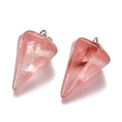 Cherry Quartz Glass Cone/Spike/Pendulum Dyed Cherry Quartz Glass Stone Pendants, with Platinum Plated Iron Findings, 25~27x14x14mm, Hole: 6x3mm
