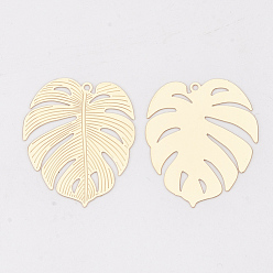 Light Gold Brass Pendants, Tropical Leaf Charms, Etched Metal Embellishments, Long-Lasting Plated, Monstera Leaf, Light Gold, 29.5x25x0.3mm, Hole: 1.2mm
