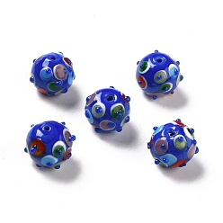 Blue Handmade Lampwork Beads, Round, Blue, 11x13x12.5mm, Hole: 1.6mm