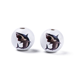Shark Perles en bois imprimées sur le thème des animaux, ronde, motif de requin, 15.5~16x15mm, Trou: 3.5mm