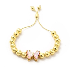 Pearl Pink Rack Plating Brass Round Bead Slider Bracelets for Women, Long-Lasting Plated Glass Butterfly Adjustable Bracelets, Nickel Free & Lead Free, Real 18K Gold Plated, Pearl Pink, Inner Diameter: 1-1/2~2-7/8 inch(3.7cm~7.2cm)
