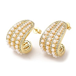 Real 16K Gold Plated Rack Plating Brass Arch Stud Earrings with ABS Imitation Pearl Beaded, Clear Cubic Zirconia Earrings, Real 16K Gold Plated, 23x15mm