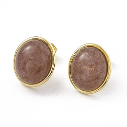 Quartz Fraise Boucles d'oreilles ovales en quartz fraise naturel, or 304 bijoux en acier inoxydable pour femmes, 14x12mm, pin: 0.7 mm