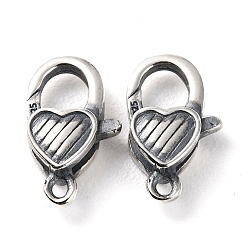 Antique Silver 925 Thailand Sterling Silver Lobster Claw Clasps, Heart, with 925 Stamp, Antique Silver, 12.5x7.5x3.5mm, Hole: 1.2mm