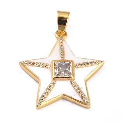 White Brass Micro Pave Clear Cubic Zirconia Pendants, with Enamel, Long-Lasting Plated, Real 18K Gold Plated, Star, White, 25.5x24.5x5mm, Hole: 3.5x5.5mm