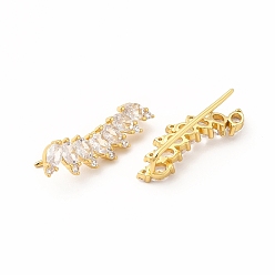Real 18K Gold Plated Brass Micro Pave Cubic Zirconia Stud Crawler Earrings, Leaf Climber Earrings for Women, Lead Free & Cadmium Free, Real 18K Gold Plated, 24x8x3mm, Pin: 1mm