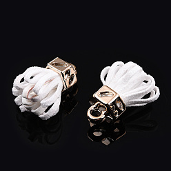 Blanc Faux suède pendentif pompon décorations, avec extrémités de cordon en plastique ccb or rose, blanc, 25~26.5x13.5~20mm, Trou: 3mm