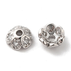Platine Laiton micro pavé capuchon de perles de zircon cubique, Flower 6 pétales, platine, 6.5x3mm, Trou: 1.4mm