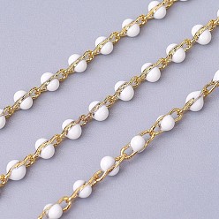 White Handmade Enamel Beaded Chains, Soldered, with Brass Chains, Real 18K Gold Plated, Long-Lasting Plated, with Spool, White, 4~5x2x2~3mm, about 32.8 Feet(10m)/roll