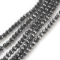 Noir Non-magnétiques perles d'hématite synthétique brins, facette, ronde, noir, environ 3 mm de diamètre, Trou: 1 mm, 138 pcs / chapelet, 16 pouce