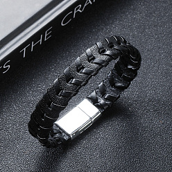 Черный Кожаные плетеные браслеты на плоском шнуре, с магнитной застежкой, чёрные, 8-7/8 дюйм (22.5 см)