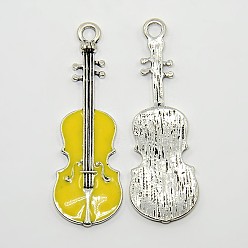 Yellow Violin Antique Silver Tone Alloy Enamel Pendants, Yellow, 50x18x2mm, Hole: 3mm