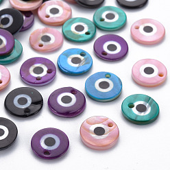 Mixed Color Printed Freshwater Shell Charms, Flat Round with Evil Eye, Mixed Color, 12~13x1.5~3mm, Hole: 1.5~1.8mm