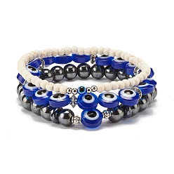 Blue 3Pcs 3 Style Synthetic Turquoise(Dyed) & Hematitie Round Beaded Stretch Bracelets Set, Flat Round with Evil Eye Lucky Bracelets for Women, Blue, Inner Diameter: 2-1/8 inch(5.35~5.5cm), 1pc/style
