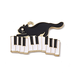 Blanc Charme de thème musical, Pendentifs en émail , chat avec piano, or, blanc, 20x28x1.2mm, Trou: 2mm
